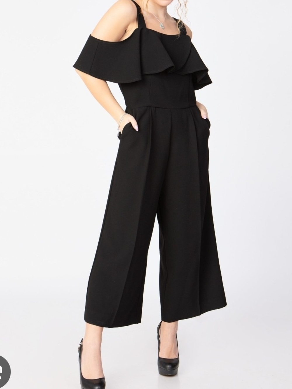 le chateau Black Off-Shoulder Wide-Leg Jumpsuit with Ruffle